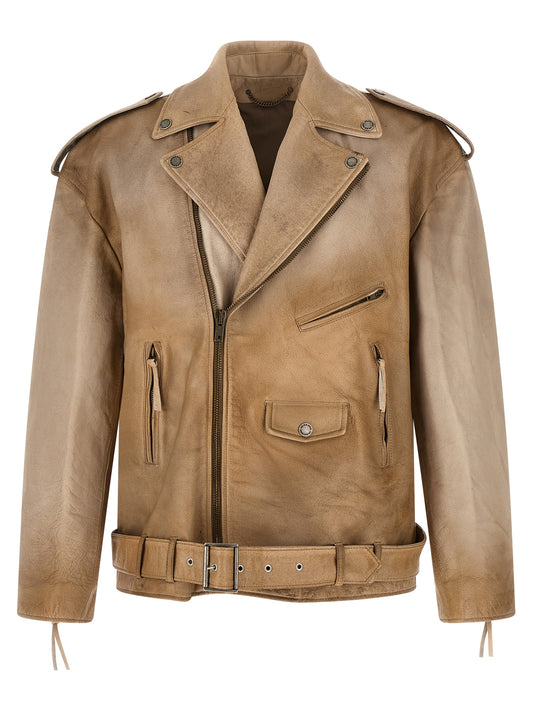 Jacket by Golden Goose for men in buffalo leather beige features an utilitarian silhouette with a refined asymmetric lapel neckline, showcasing sophisticated pockets for an utilitarian aesthetic.