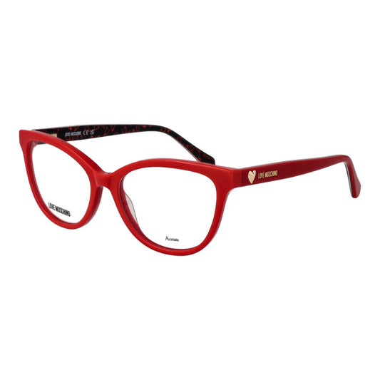Eyeglasses Frames by Love Moschino for women in acetate multicolor showcases a reflective silhouette, artfully incorporating a sophisticated red coloured frame with a distinct full-frame frame design.