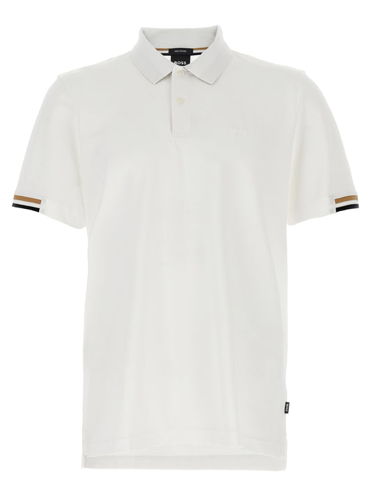 Polo Shirt by Hugo Boss for men in organic cotton white showcases a sharp silhouette, detailed with a refined and sharp short-sleeve for a sophisticated finish.
