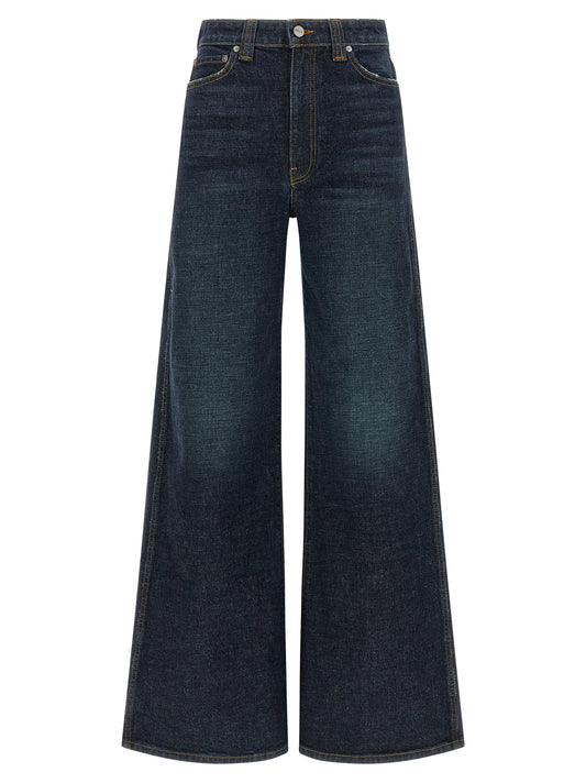 Jeans by Khaite for women in polyurethane leather & cotton denim blue features an refined tailoring silhouette, showcasing a premium flared & wide with a high rise and long cut for a refined tailoring look.