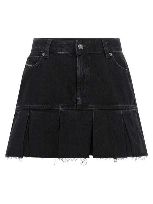 Skirt by Diesel for women in denim cotton black & blue showcases a dramatic silhouette, artfully capturing the essence of the Women's Pleated Denim Low Rise Cotton Skirt in a dramatic mini long cut for a refined look.