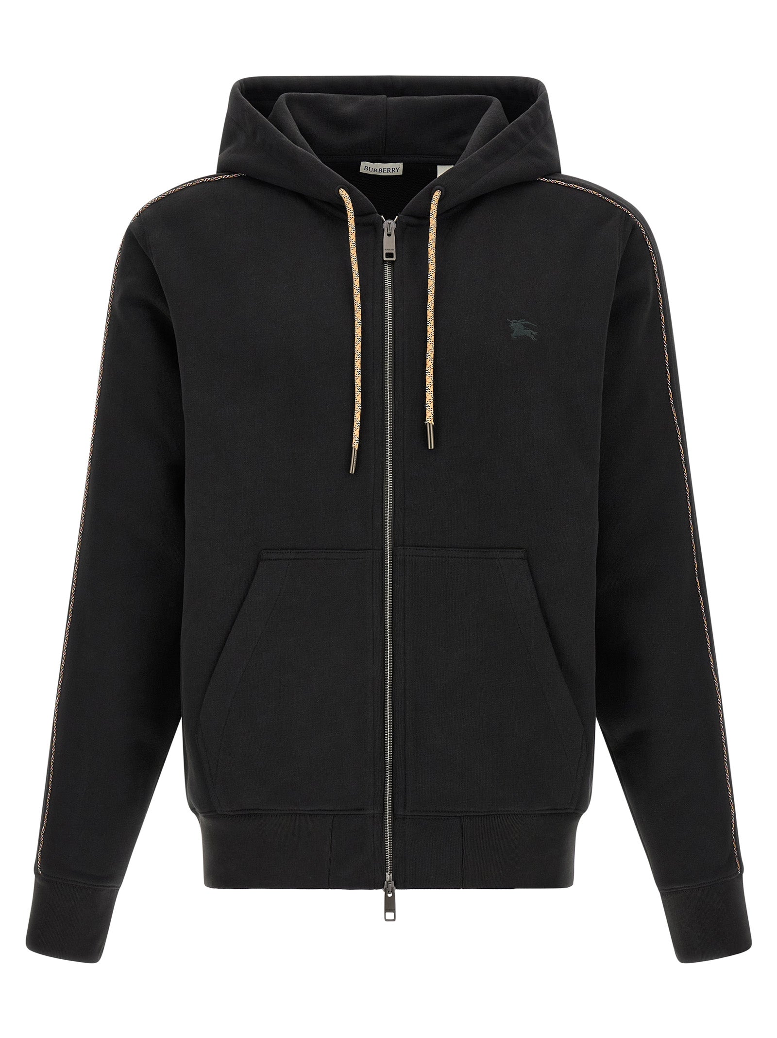 Sweatshirt Hoodie by Burberry for men in cotton black & patterned features an dramatic silhouette, showcasing a sophisticated hooded neckline and dramatic for a refined, modern aesthetic.