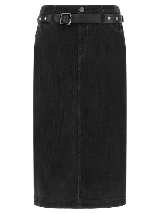 Skirt by PINKO for women in stretch cotton corduroy black features an tailored silhouette, artfully capturing the essence of Love Birds Women's Wrap Straight Stretch Cotton Corduroy Skirt in a sophisticated midi.