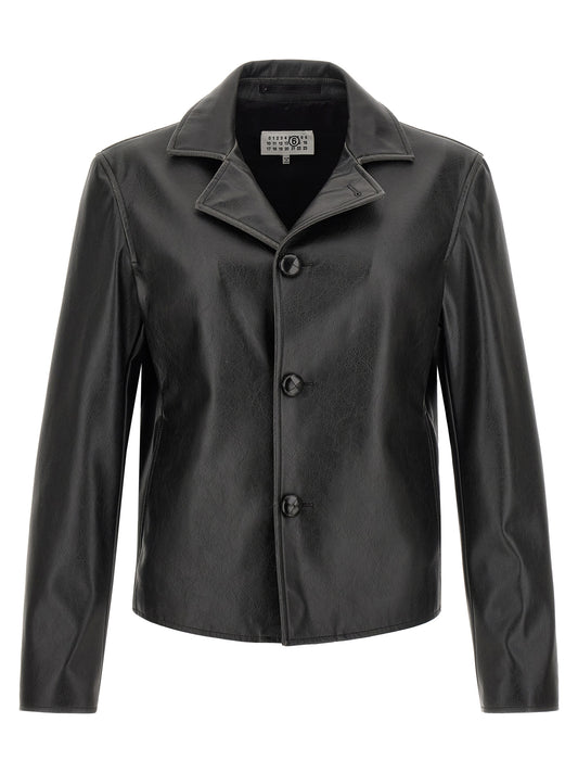Jacket by MM6 Maison Margiela for men in polyester leather black & white presents a impeccable silhouette, showcasing distinct and a impeccable for a sophisticated finish.