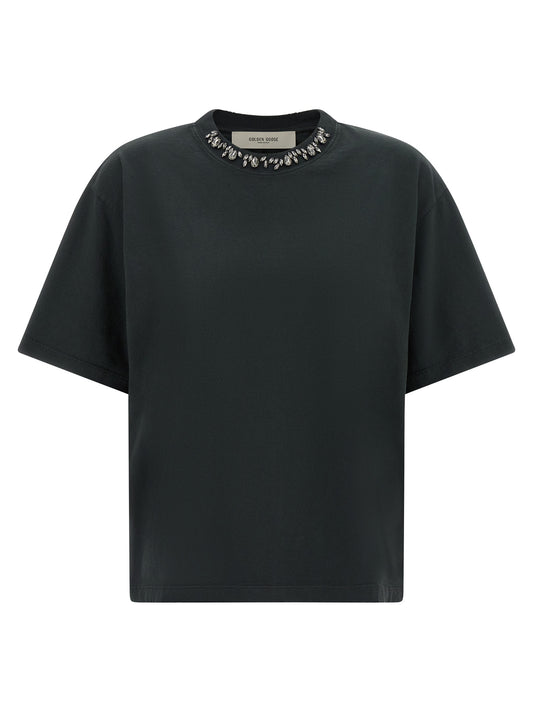 T-Shirt by Golden Goose for women in organic cotton black & signature features an edgy silhouette, meticulously detailed with a sophisticated and crew neckline for a truly edgy finish.