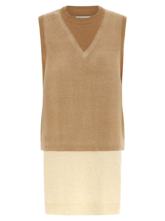 Vest by Maison Margiela for women in virgin wool beige, camel & white features an on trend silhouette, showcasing a sophisticated v-neck neckline and premium thermal for a truly on trend finish.