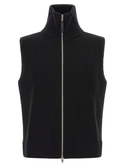 Sweater by Maison Margiela for men in cotton wool & leather black showcases a downtown chic silhouette, artfully finished with a downtown chic high-neck neckline and sleeveless for a sophisticated, high-end look.