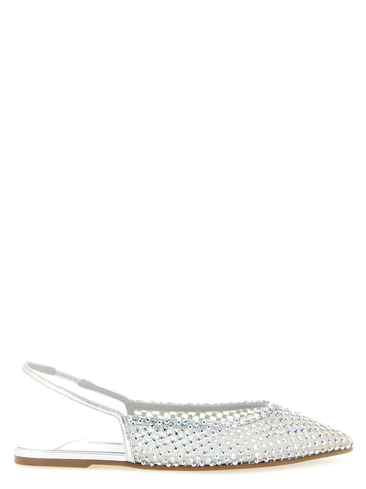 Ballet Slingback Flat Shoes by LE SILLA for women in polyamide & polyester silver showcases a dynamic silhouette, artfully capturing Women's Polyamide & Polyester Ballet Slingback Flat Shoes through its distinctive and elegant pointed toe style.