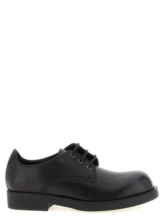 Lace-Up Biker Shoes by MM6 Maison Margiela for men in cowhide leather black, white & signature features an effortless chic silhouette, showcasing the Men's Cowhide Leather Lace-Up Biker Shoes design with an effortless chic and a for a effortless chic look.