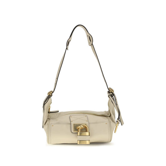 Small Shoulder Bag by Chloé for women in bos taurus calf leather beige & signature presents a statuesque silhouette, showcasing a secure zipper & buckle and statuesque with versatile shoulder-strap for a sophisticated look.
