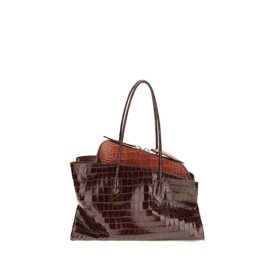 Medium Shoulder Bag by The Attico for women in bos taurus calf leather blue, bordeaux & signature features a statuesque silhouette, showcasing a secure zipper and statuesque with versatile shoulder-strap & handle for a statuesque finish.