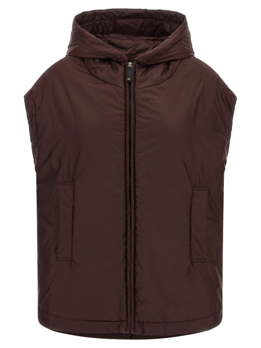 Hooded Vest by Max Mara for women in polyester bordeaux & signature showcases a utilitarian silhouette, artfully incorporating thermal, pockets & hooded and a utilitarian hooded neckline for a truly utilitarian finish.