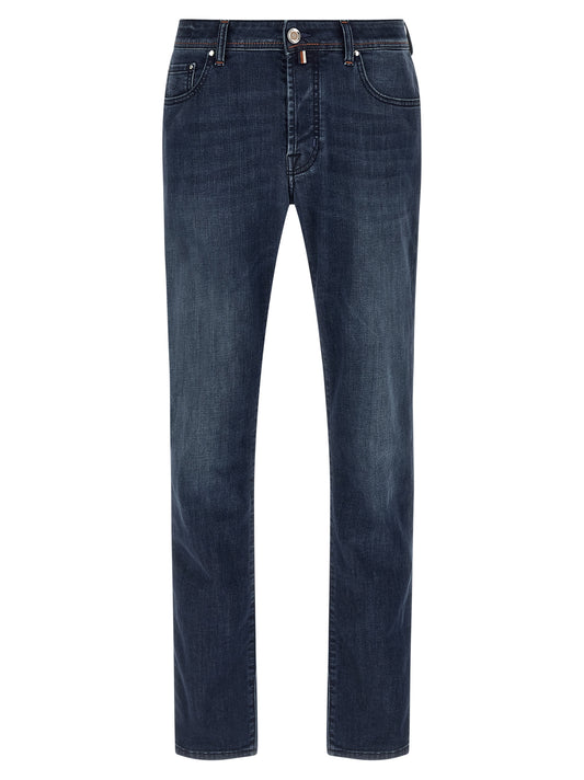 Jeans by Jacob Cohen for men in stretch denim cotton blue features a polished silhouette with a polished straight-leg & slim, reaching a polished long and finished with a polished mid rise.