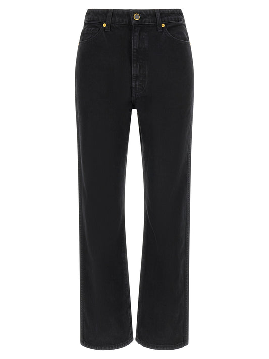 Jeans by Khaite for women in denim cotton black & gold presents a refined pantology silhouette, artfully defined by a refined pantology flared & cropped, cropped, and a sophisticated high rise.