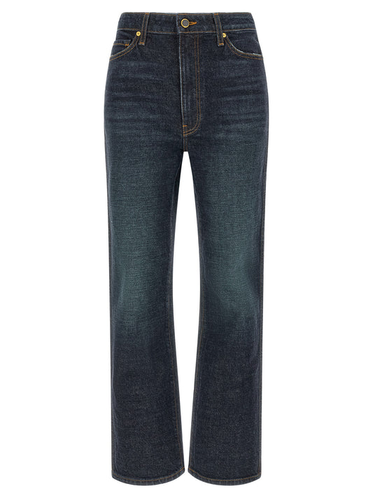 Jeans by Khaite for women in denim cotton & polyurethane dark-blue presents a tailored silhouette, showcasing a tailored flared & cropped and cropped cut with a refined high rise for a truly tailored aesthetic.