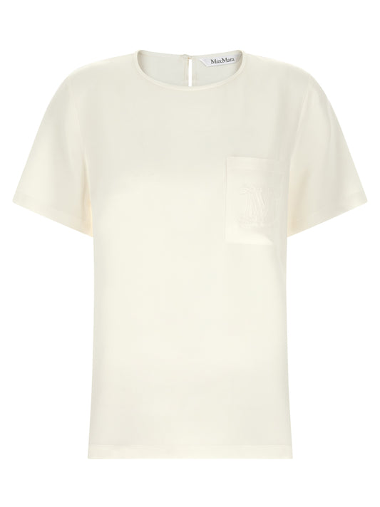 Blouse by Max Mara for women in silk crepe ivory & white showcases a sublime silhouette, artfully detailed with a sublime round neckline and short-sleeve for a sophisticated, sublime finish.