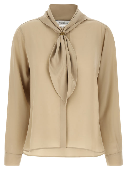 Blouse by Max Mara for women in silk crepe beige & sand features an architectural silhouette with a refined long-sleeve and elegant high-neck neckline for a architectural look.