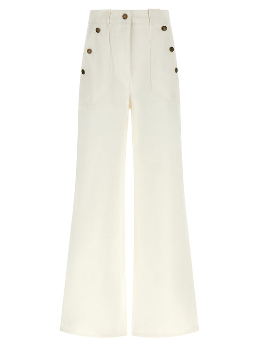 Trousers by Max Mara for women in cotton cream, white & monogram features a tailored silhouette with a tailored flared & wide, defined by its long and a sophisticated high rise.