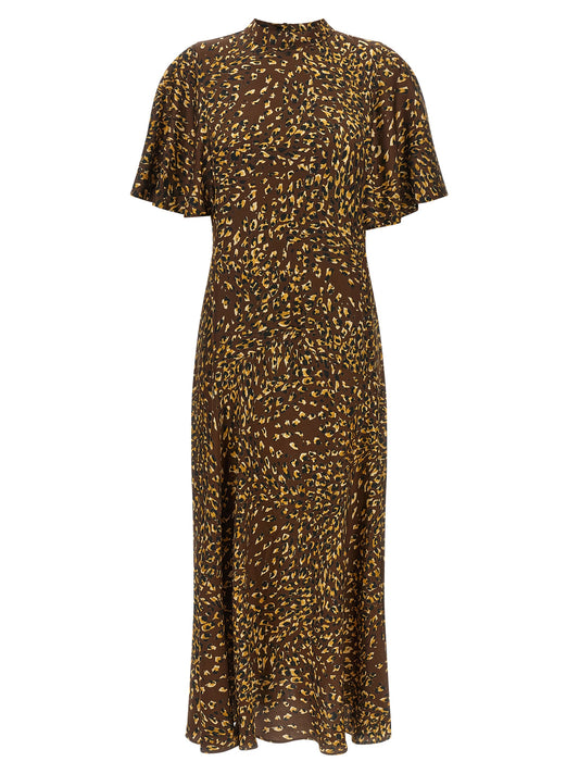 Dress by Twinset for women in viscose animal, black, brown, ocher & print features an cute silhouette, detailed with a and high-neck neckline that elegantly flows into a cute long.