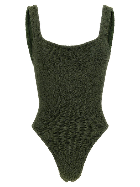 One-Piece Swimsuit by Hunza G for women in stretch polyamide bicolour, green & khaki showcases a couture inspired silhouette from the Women's Stretch Polyamide One-Piece Swimsuit collection, featuring a couture inspired cut designed for a couture inspired and couture inspired poolside look.
