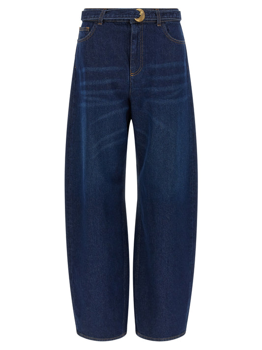 Jeans by Twinset for women in denim cotton blue, gold & patterned presents a refined pantology silhouette, artfully defined by a refined pantology relaxed-fit, long, and a sophisticated high rise.