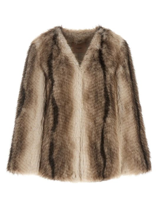 Overcoat by Twinset for women in polyester fur gradient, beige, black, brown, patterned & striped features an voluminous silhouette, showcasing distinct hooded and a voluminous v-neck hooded neckline for a truly voluminous aesthetic.