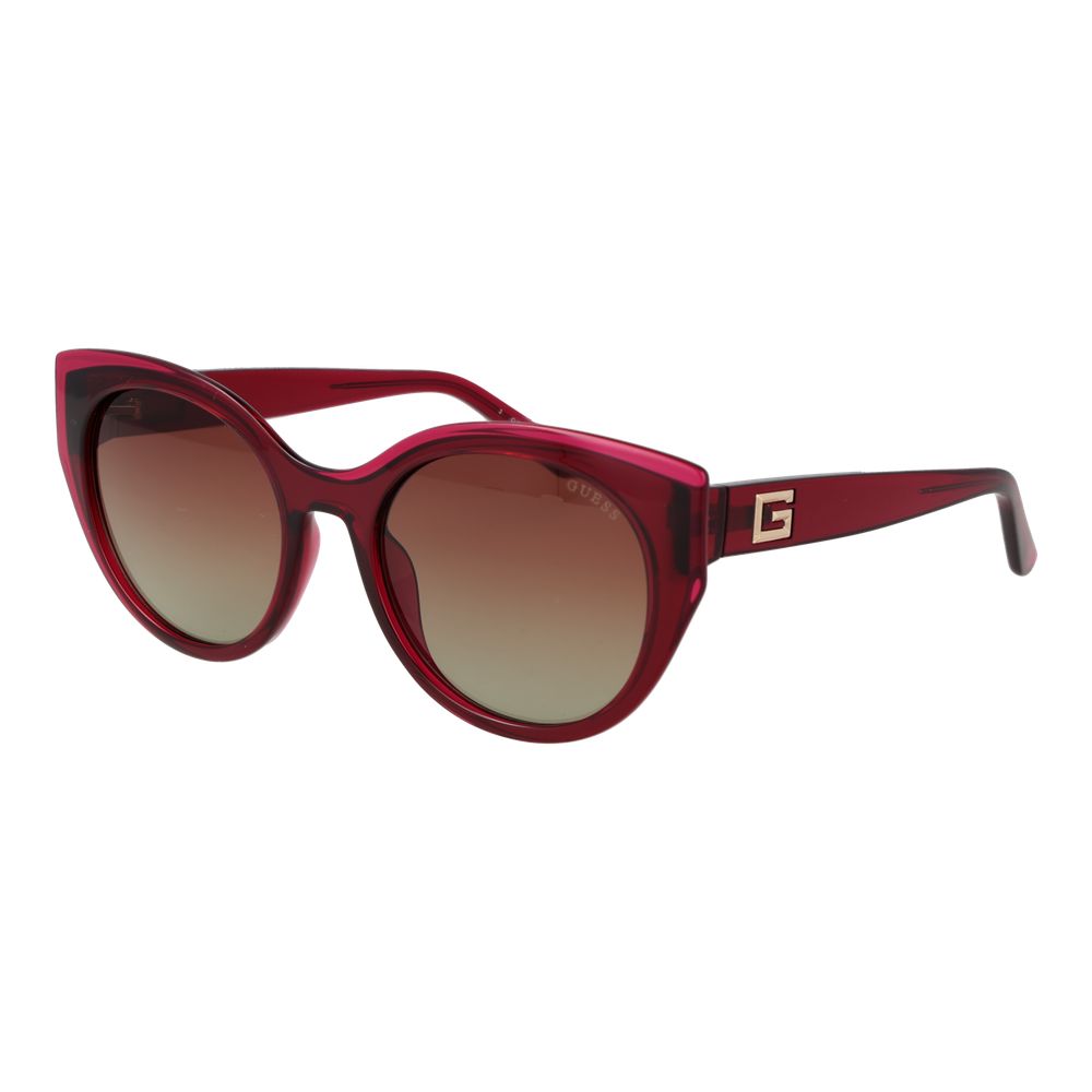 Sunglasses by Guess for women in plastic pink features an lustrous butterfly full-rim frame design with rose coloured frame detailing and gradient category-2-medium-tint lens for a lustrous aesthetic.