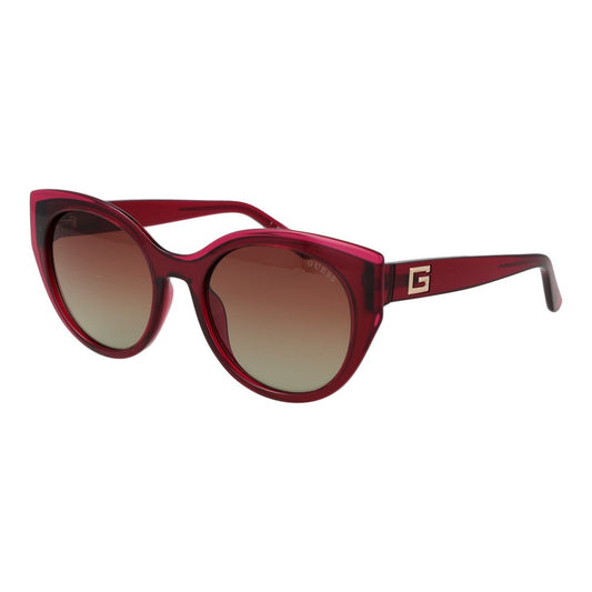 Sunglasses by Guess for women in plastic pink features an lustrous butterfly full-rim frame design with rose coloured frame detailing and gradient category-2-medium-tint lens for a lustrous aesthetic.