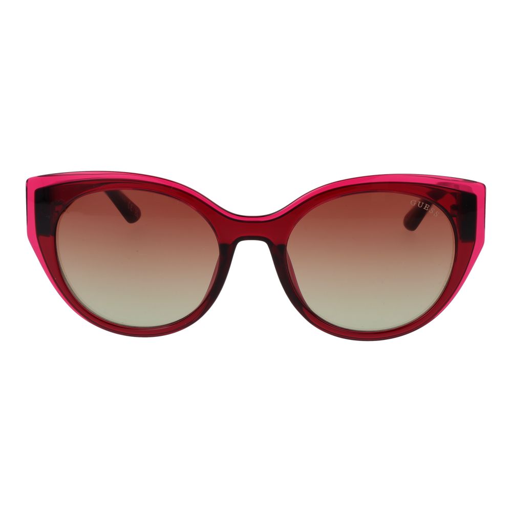 Sunglasses by Guess for women in plastic pink features a sumptuous silhouette, showcasing a sumptuous butterfly full-rim frame design in rose coloured frame with high-performance gradient category-2-medium-tint lens.