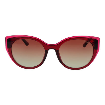 Sunglasses by Guess for women in plastic pink features a sumptuous silhouette, showcasing a sumptuous butterfly full-rim frame design in rose coloured frame with high-performance gradient category-2-medium-tint lens.