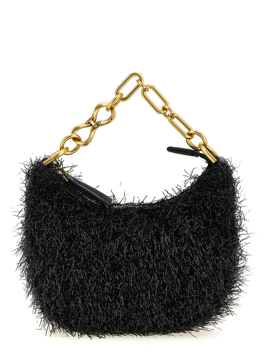 Mini Crescent Handbag by Twinset for women in leather black, gold & signature features a ornamental silhouette, showcasing a secure zipper, ample , and ornamental shoulder-strap, detachable-strap & handle for a sophisticated look.