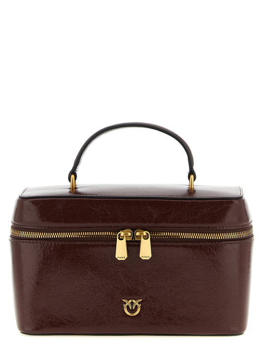 Vanity Handbag by PINKO for women in calfskin leather brown & gold features a refined silhouette, showcasing a secure zipper, organized , and versatile shoulder-strap, handle & adjustable-strap for a refined finish.