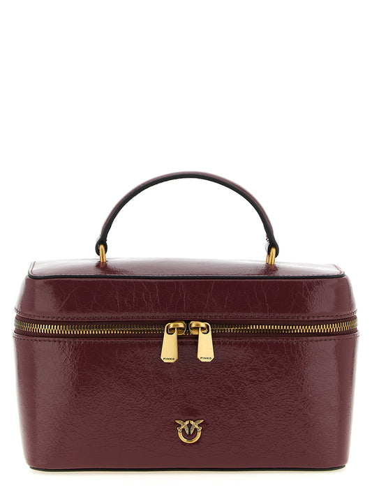 Vanity Handbag by PINKO for women in calfskin leather bordeaux & gold features a ornamental silhouette, showcasing a secure zipper, ample , and ornamental shoulder-strap, handle & adjustable-strap for a sophisticated look.