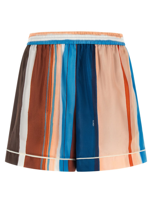 Bermuda Shorts by Fendi for women in silk blue, brown, multicolor, pink, white, patterned & striped presents a contemporary silhouette, showcasing a contemporary with a refined short and elegant .