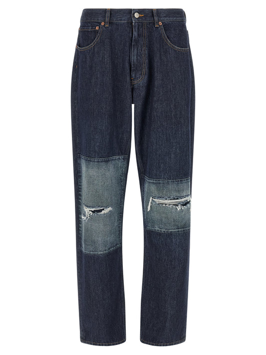 Jeans by MM6 Maison Margiela for men in denim cotton blue, orange, white & patchwork presents a refined pantology silhouette, artfully defined by a refined pantology straight-leg, long, and a sophisticated .