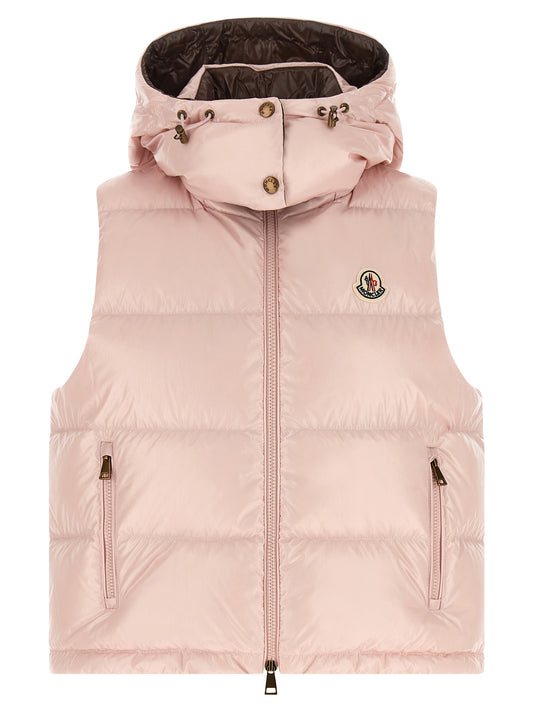 Hooded Vest by Moncler for women in polyamide felt multicolor, pink & signature features a stylish silhouette, showcasing distinct hooded and a refined hooded neckline for a truly stylish finish.