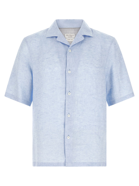 Shirt by Brunello Cucinelli for men in linen light-blue & pearl showcases a sharp silhouette, elegantly detailed with a sharp and sharp short-sleeve.