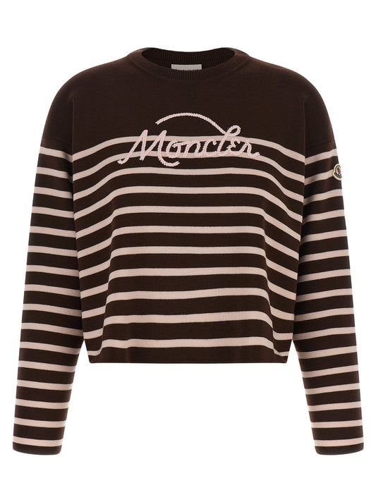 Cardigan by Moncler for women in virgin wool felt brown, pink, white & striped showcases a luxurious silhouette, meticulously detailed with a sophisticated crew neckline and for a refined finish.