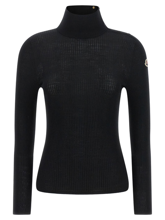 Cardigan by Moncler for women in virgin wool felt black, gold & striped features a nuanced silhouette with a refined turtle high-neck neckline and nuanced detailing for a sophisticated look.