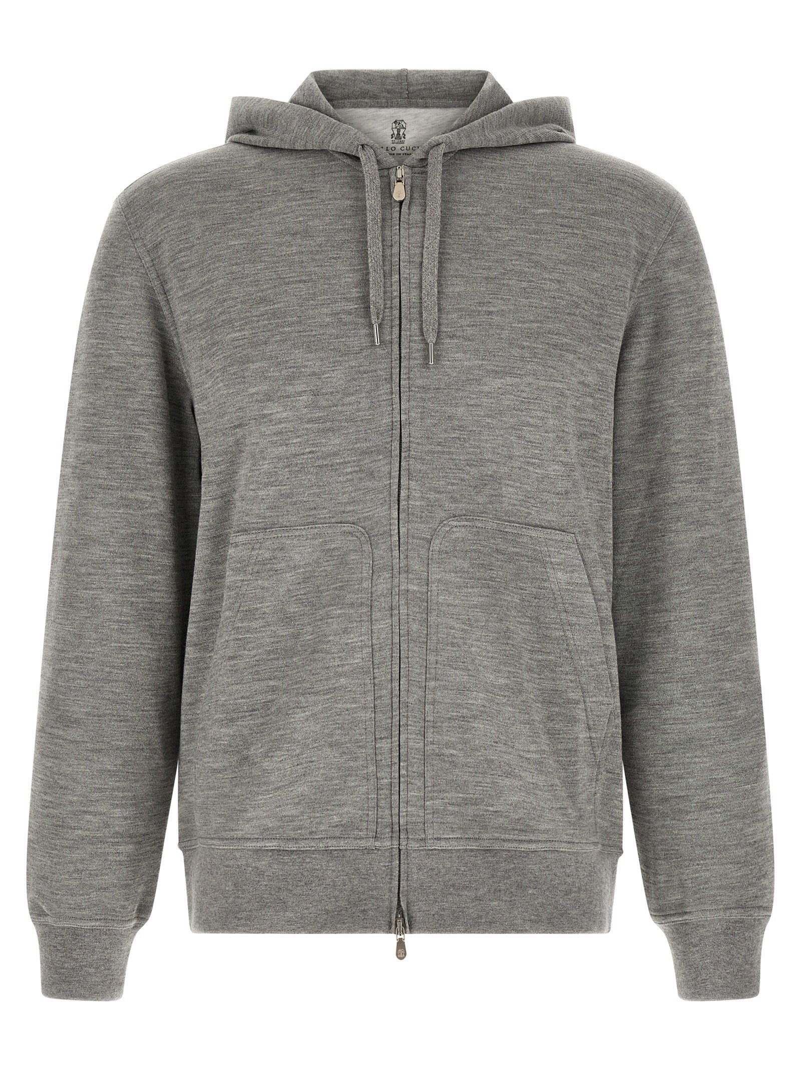 Sweatshirt Hoodie by Brunello Cucinelli for men in cashmere silk & polyamide gray features an luminous silhouette, showcasing a sophisticated hooded neckline and for a truly luminous look.
