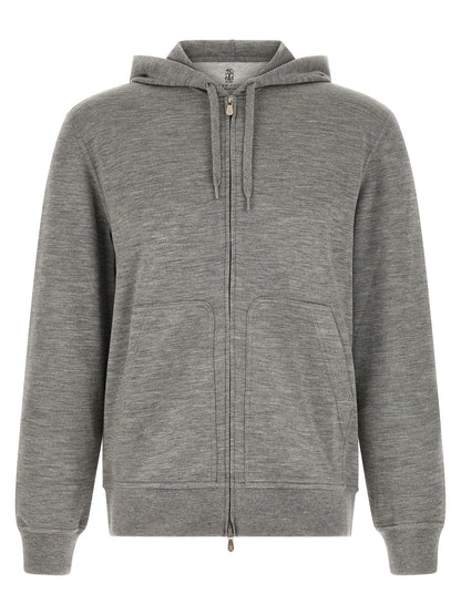 Sweatshirt Hoodie by Brunello Cucinelli for men in cashmere silk & polyamide gray features an luminous silhouette, showcasing a sophisticated hooded neckline and for a truly luminous look.