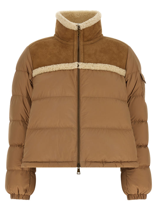 This Puffer Jacket by Moncler for women in polyester suede leather beige exhibits a edgy silhouette, meticulously detailed with functional pockets & insulated and a edgy high-neck neckline for a edgy finish.
