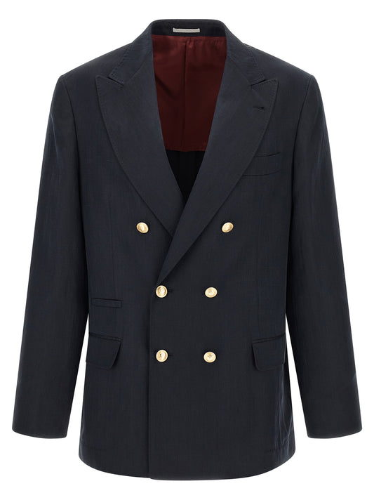 Blazer by Brunello Cucinelli for men in linen silk twill blue & gold features an crisp silhouette with sophisticated and a crisp for a truly crisp finish.