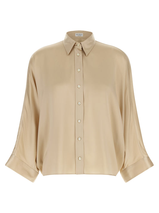 Blouse by Brunello Cucinelli for women in silk satin beige, natural, pearl & sand showcases a sleek silhouette, elegantly detailed with a sleek and for a sleek finish.