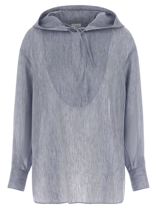 Hooded Blouse by Brunello Cucinelli for women in linen & silk light-blue & striped features an polished silhouette, showcasing a sophisticated hooded neckline and long-sleeve detail for a truly polished finish.