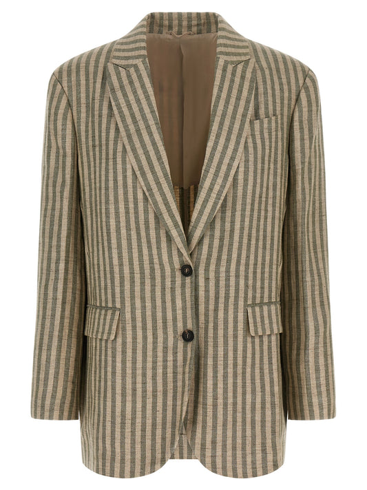 Blazer by Brunello Cucinelli for women in polyamide & linen bicolour, beige, green, horn & striped showcases a discerning silhouette, elegantly detailed with a sophisticated and premium for a truly discerning finish.