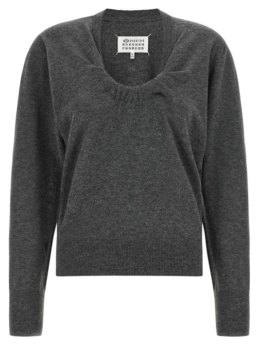 Cardigan by Maison Margiela for women in virgin wool gray, white & signature features a dramatic silhouette, showcasing a sophisticated and dramatic detail for a timeless, premium look.