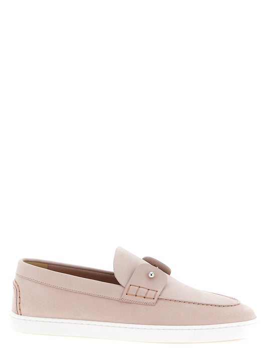 Flat Boat Loafer Slip-On Shoes by Christian Louboutin for women in bos taurus nubuck calfskin leather multicolor, pink, silver & white features an ergonomic silhouette, perfectly showcasing Women's Bos Taurus Nubuck Calfskin Leather Flat Boat Loafer Slip-On Shoes with its distinct flat and elegant .