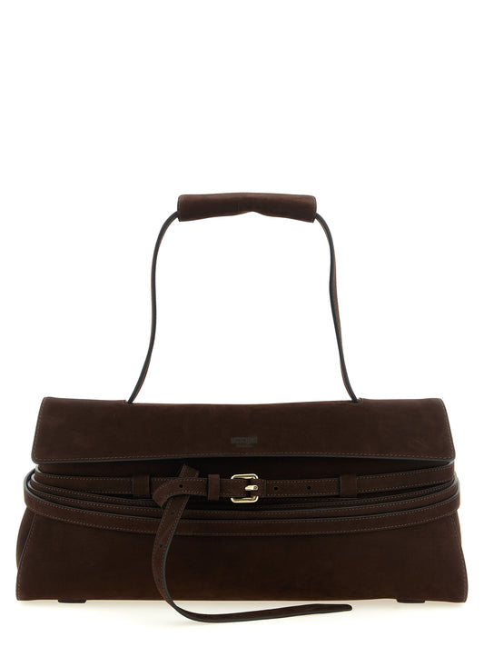 Shoulder Flap Bag by Moschino for women in calfskin leather brown & gold showcases a statuesque silhouette, artfully detailed with a secure flap, zipper & buckle, organized , and versatile shoulder-strap, handle & belt-strap for a statuesque look.