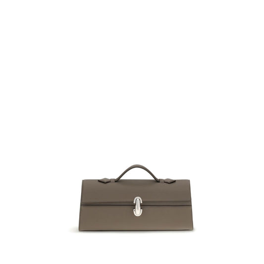 Shoulder Clutch Bag by Savette for women in bos taurus calf leather brown & signature presents a statuesque silhouette, showcasing a secure and statuesque internal-pockets with versatile shoulder-strap & handle for a sophisticated look.